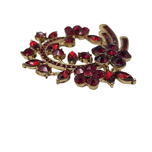 Vtg Red Rhinestone Brooch Floral Spray Wreath Mid-Century Festive Holiday Stmt - Picture 4 of 7